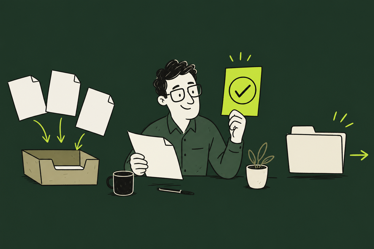 Cartoon illustration of documents entering a tray, a firm owner reviewing one document and approving it, and an organized folder moving out