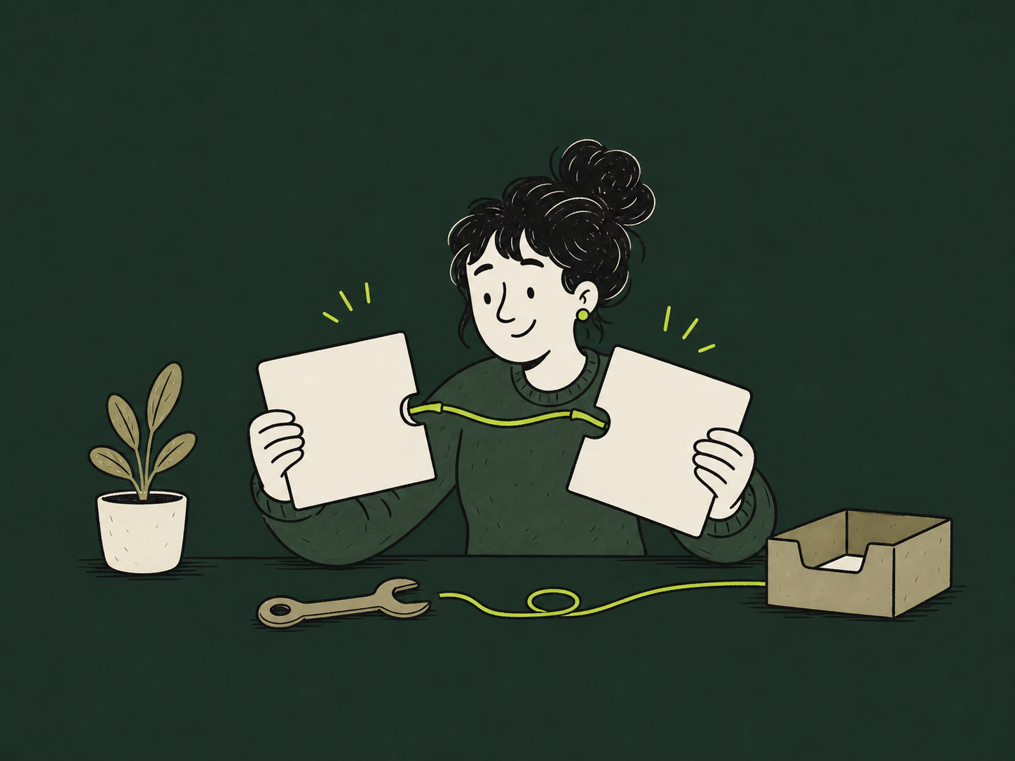 Cartoon builder connecting two document cards with a lime line