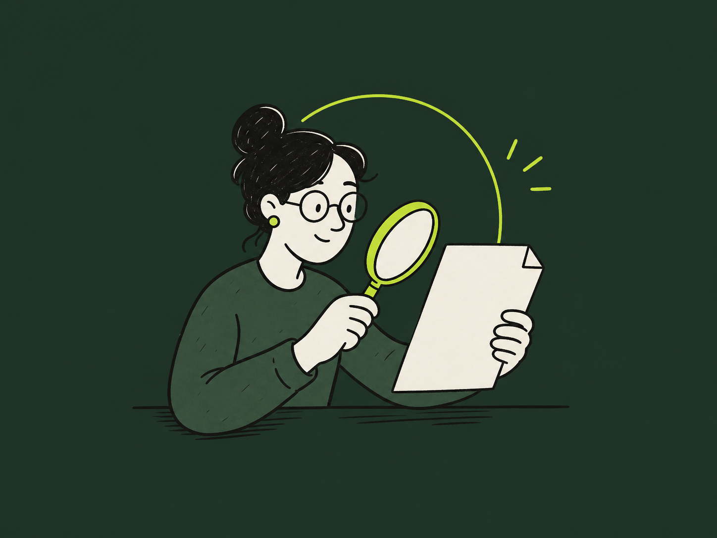 Cartoon owner examining one document with a magnifying glass