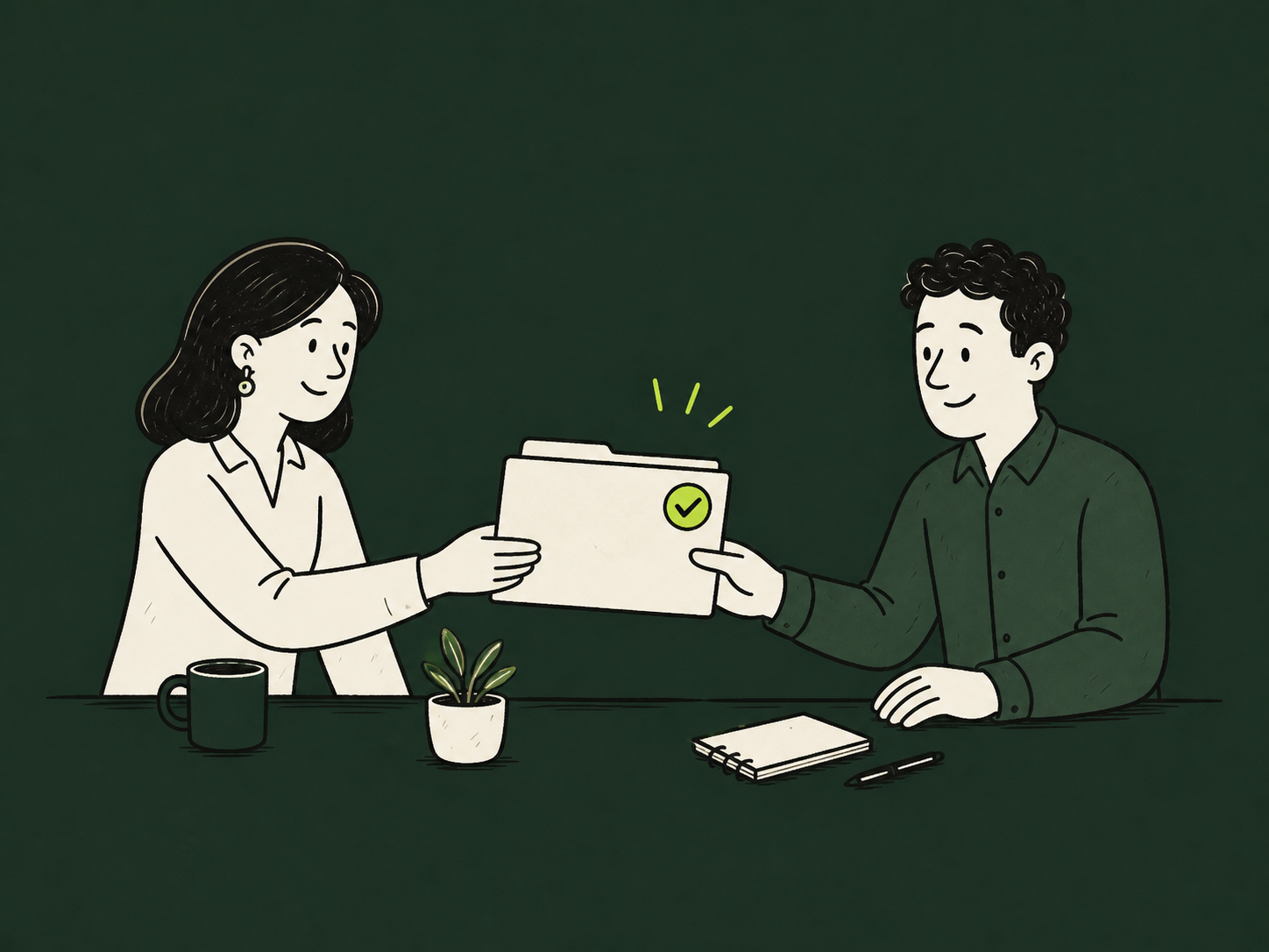 Two cartoon people passing an organized folder with a completed check