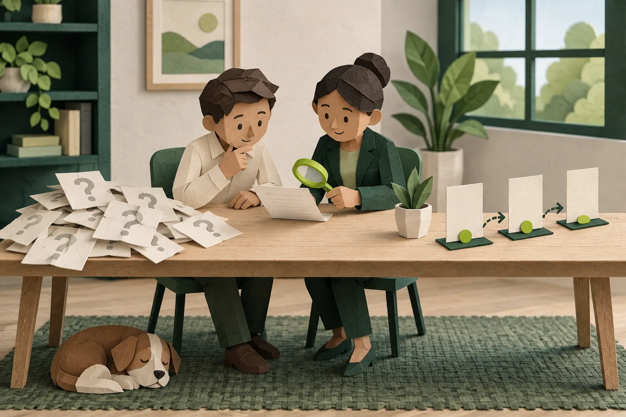A paper owner and guide inspect a document together, turning scattered questions into three clear next steps.