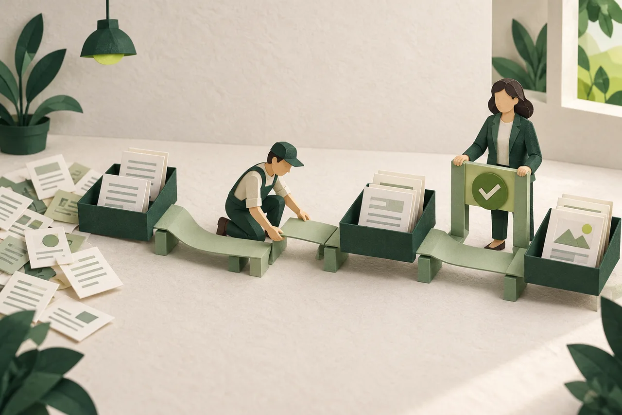 A paper builder connects document trays into a workflow while an owner controls the review gate.
