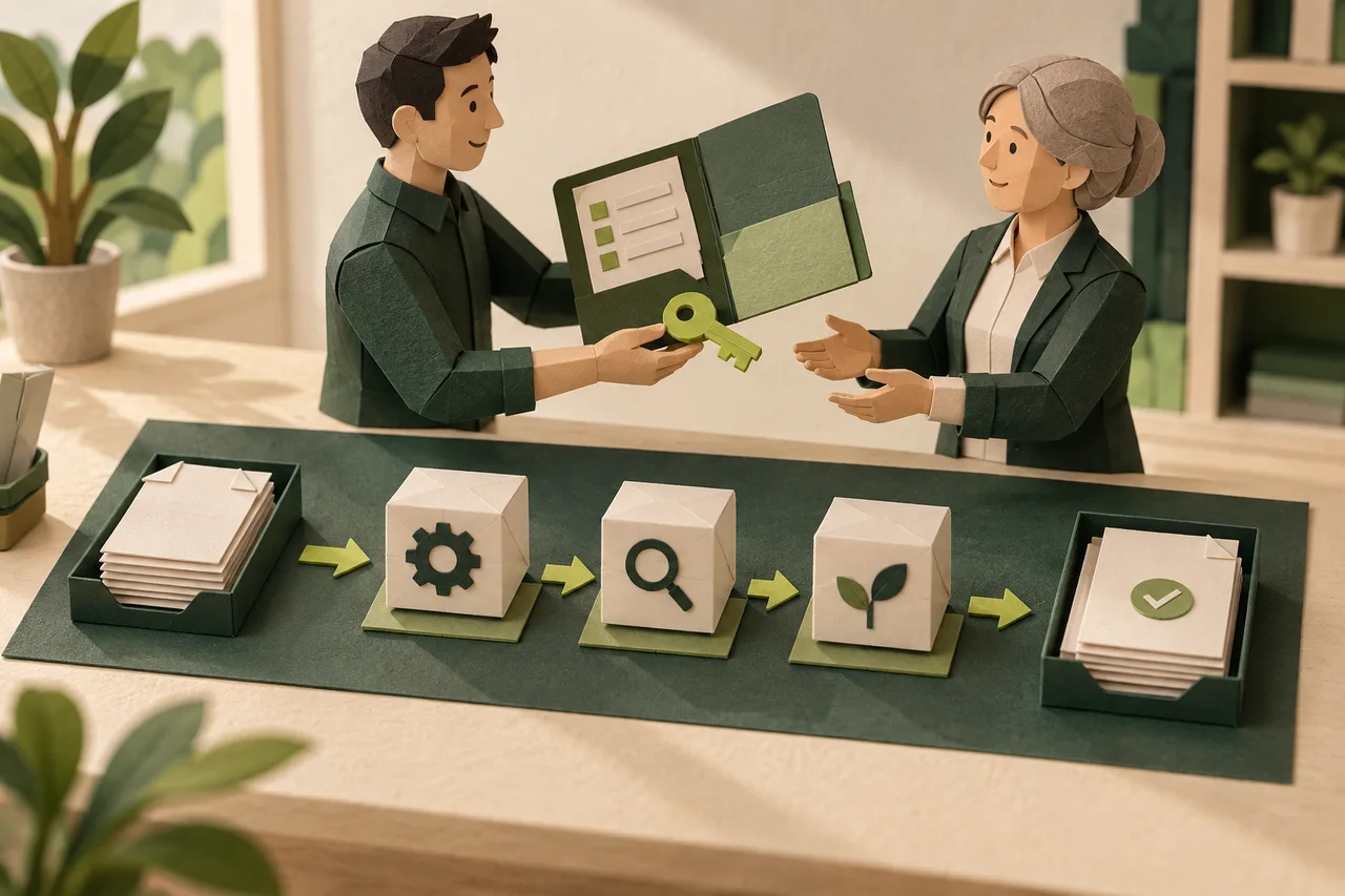 A builder hands instructions and a key to an owner beside a bounded, reviewed paper workflow.