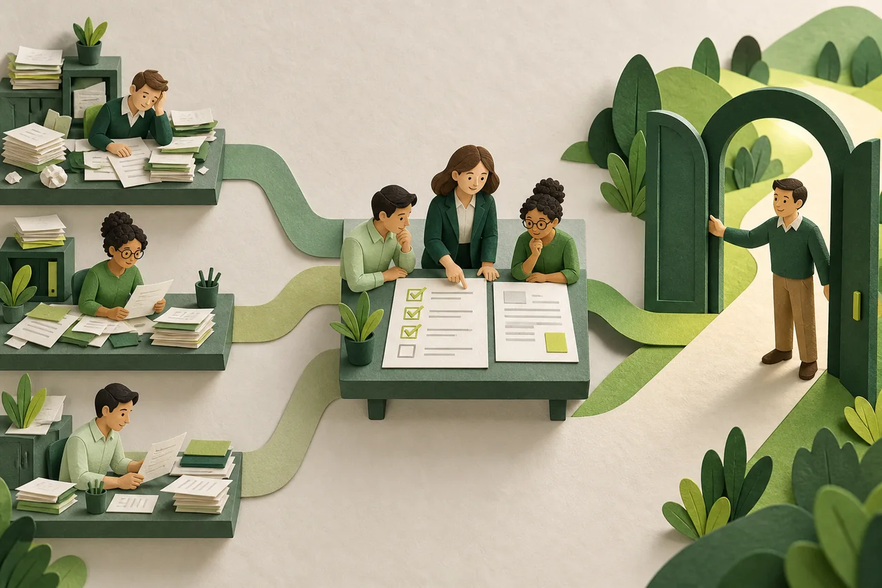 Separate paper workstations join a shared checklist exercise and a human-controlled review gate.
