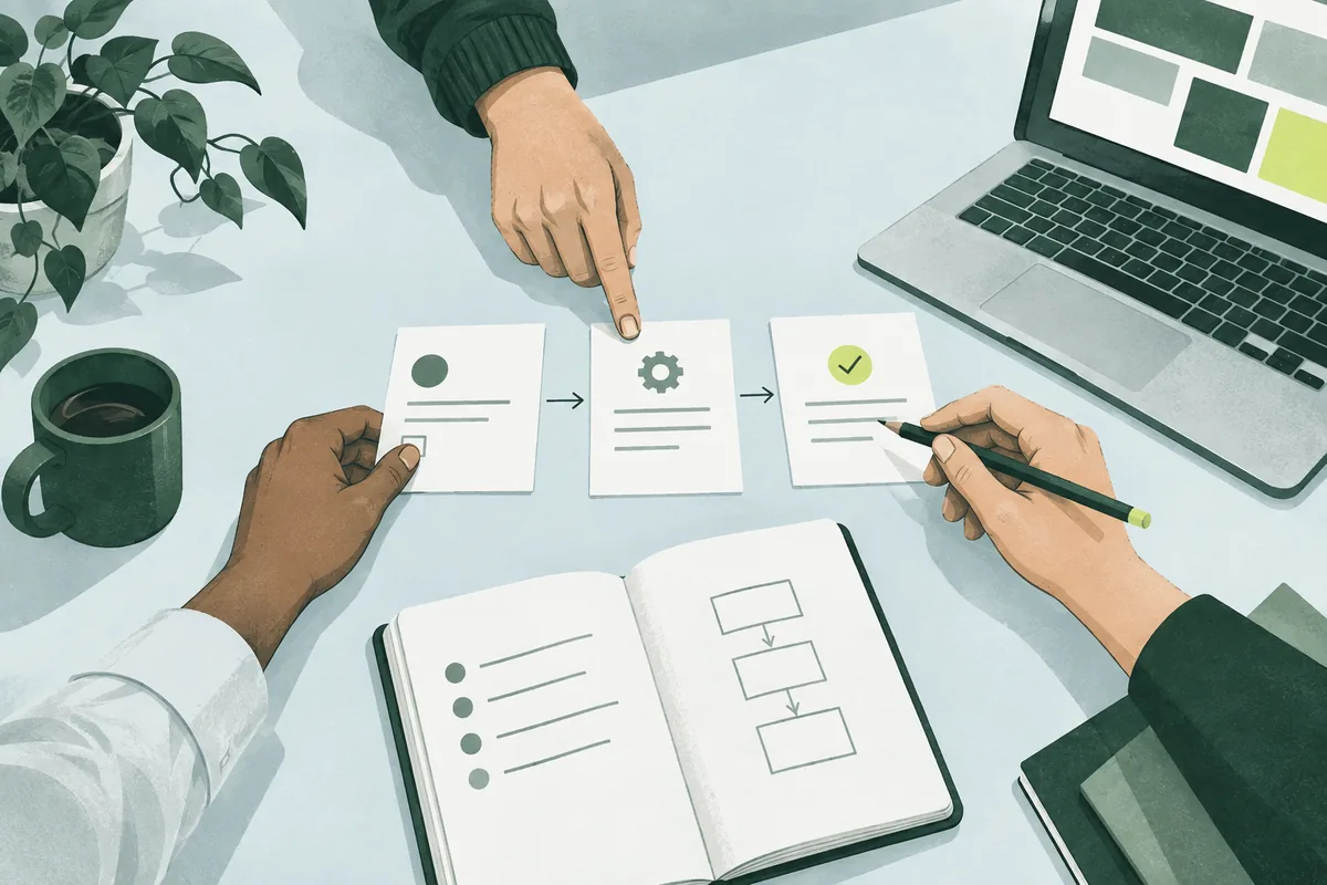 Illustration of three people working through a workflow together at a shared workbench.