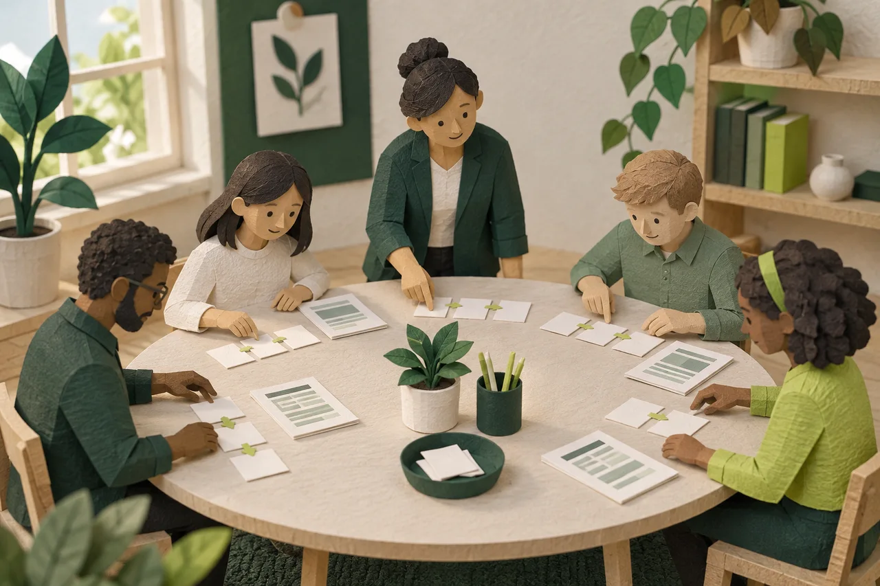 Four paper learners practice small document workflows around a table with a facilitator.
