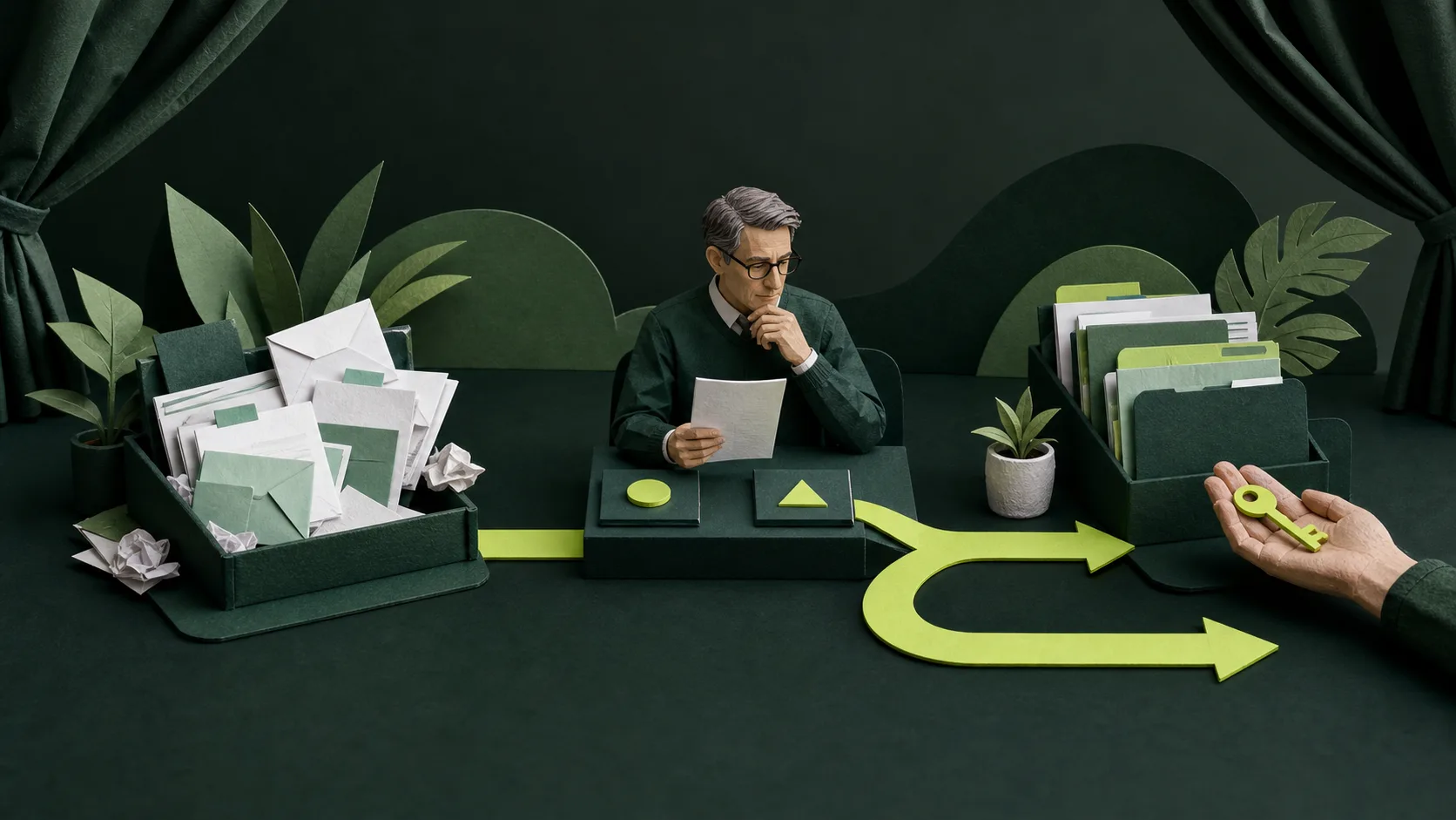 A workflow pauses for professional review before ownership is handed back.