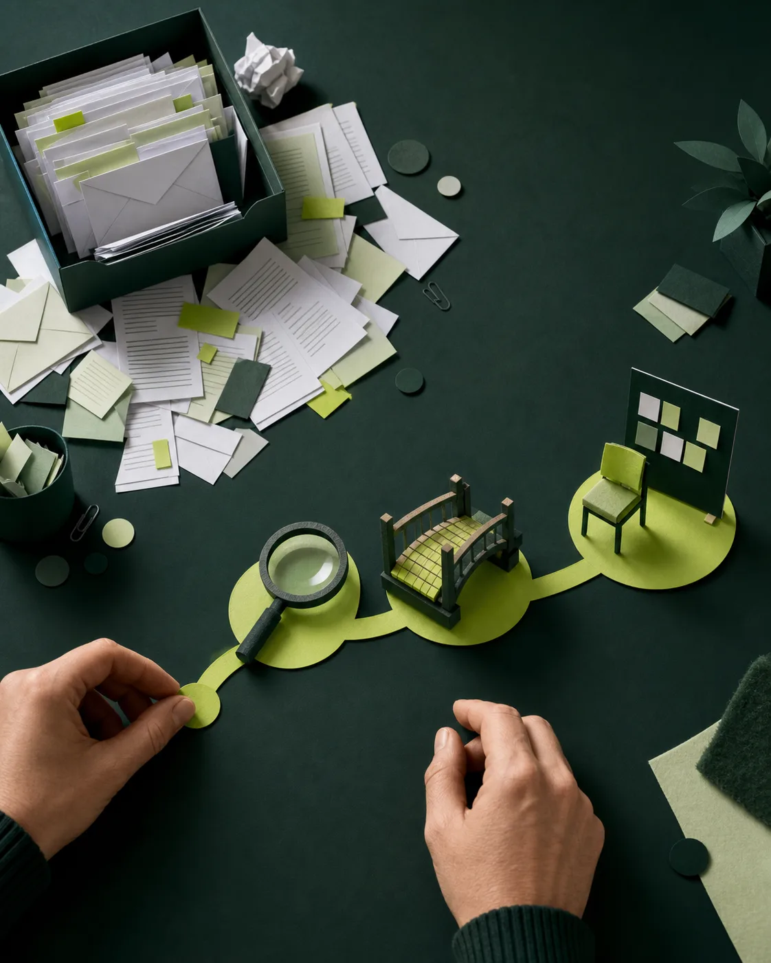 Hands map a messy workflow into three practical engagement routes.